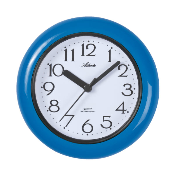 Horloge murale ronde avec boîtier bleu, bordure noire et cadran blanc, chiffres arabes