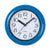 Horloge murale ronde avec boîtier bleu, bordure noire et cadran blanc, chiffres arabes