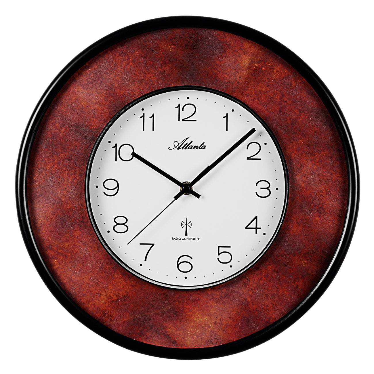 Horloge murale ronde : bord noir, structure couleur rouille, cadran blanc