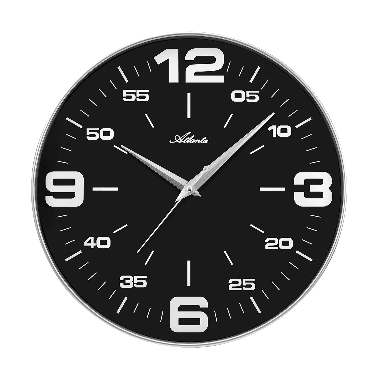 Horloge murale avec cadran noir, bordure argentée et chiffres arabes