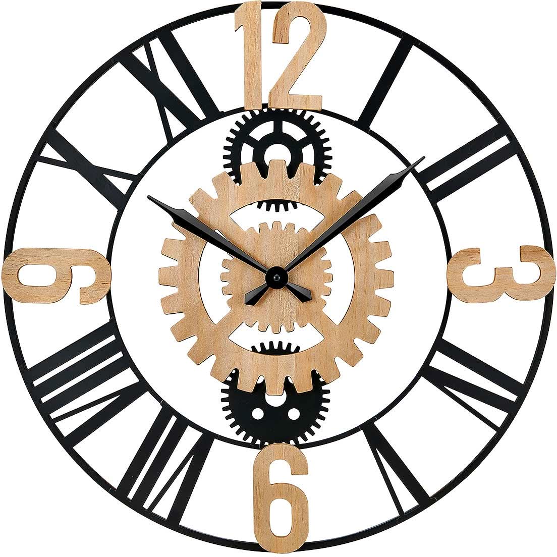 Horloge murale avec cadran noir et aspect engrenage en bois