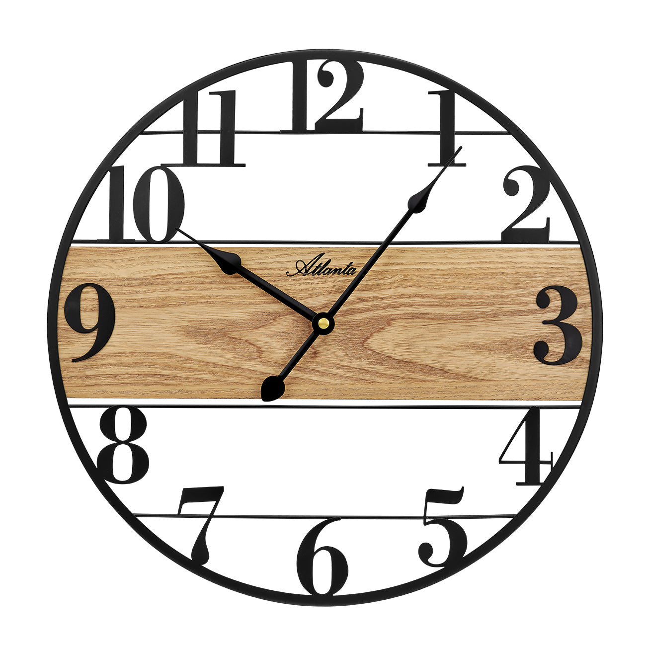 Horloge murale ronde, cadre noir, cadran décor bois, chiffres arabes
