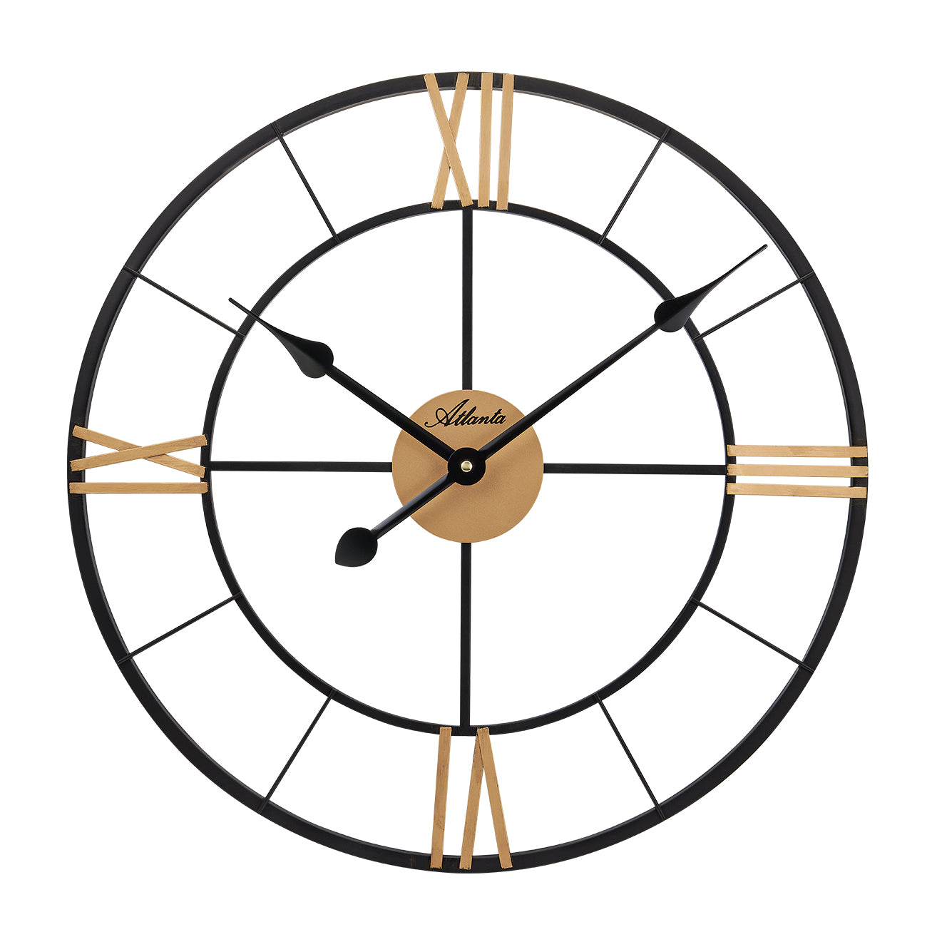 Grande horloge murale, cadran noir rond avec des accents dorés et des aiguilles noires