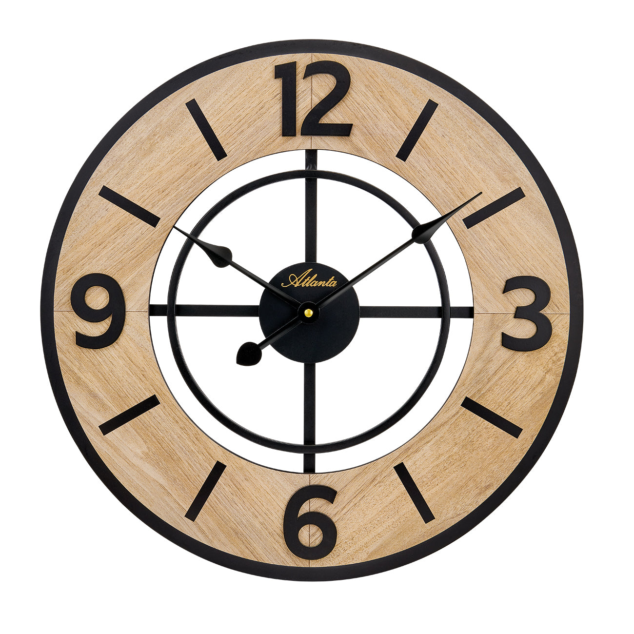 Horloge murale avec cadre en métal noir, cadran en bois clair et chiffres arabes, aiguilles noires