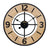 Horloge murale avec cadre en métal noir, cadran en bois clair et chiffres arabes, aiguilles noires