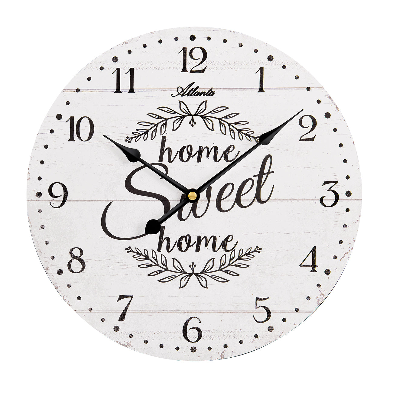 Horloge murale ronde avec chiffres arabes, inscription « home sweet home » et couronne de fleurs