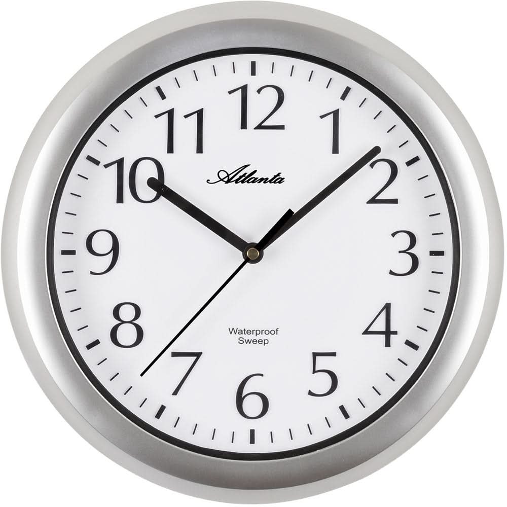 Wanduhr mit weißem Ziffernblatt, schwarzen Zahlen und Zeigern, grauem Kunststoffrahmen