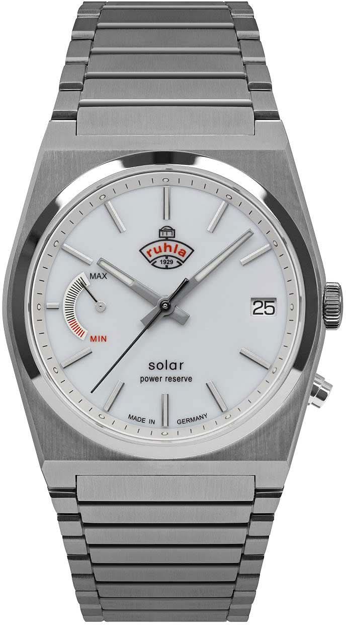Montre Ruhla pour homme avec bracelet en acier inoxydable, cadran clair, date 25, mouvement solaire