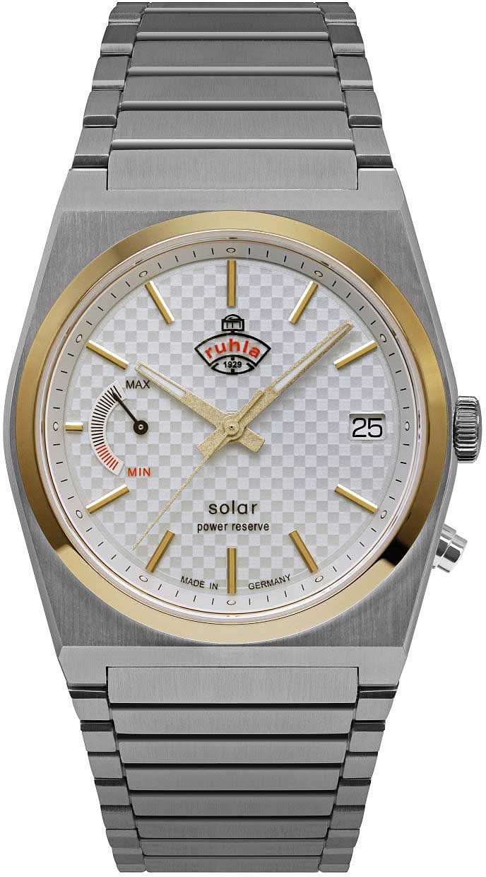 Montre pour femme avec bracelet en acier inoxydable argenté et cadran rond, détails dorés