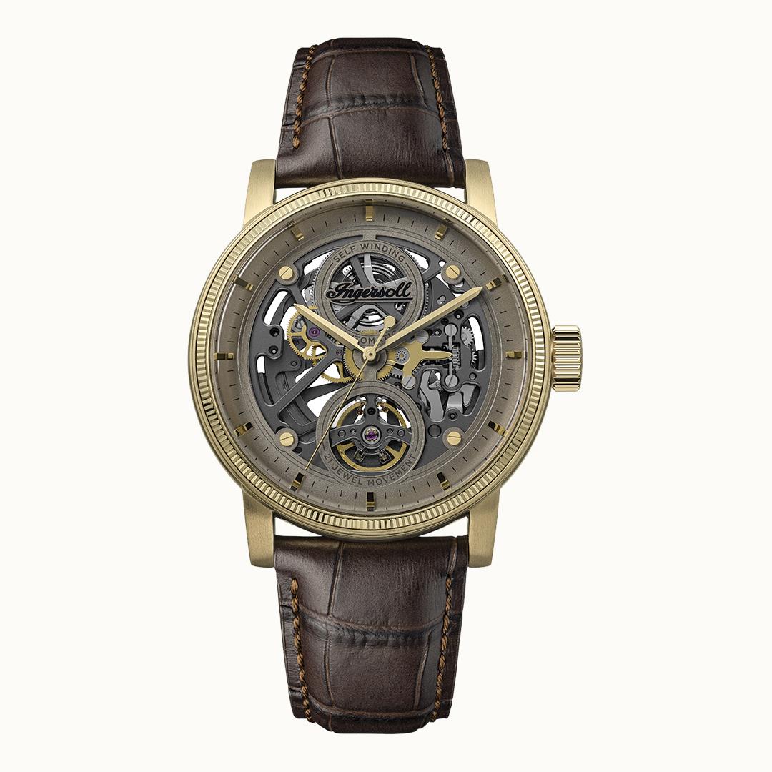Ingersoll Automatik-Armbanduhr mit grauem Skelettzifferblatt, Lederband, Mineralglas