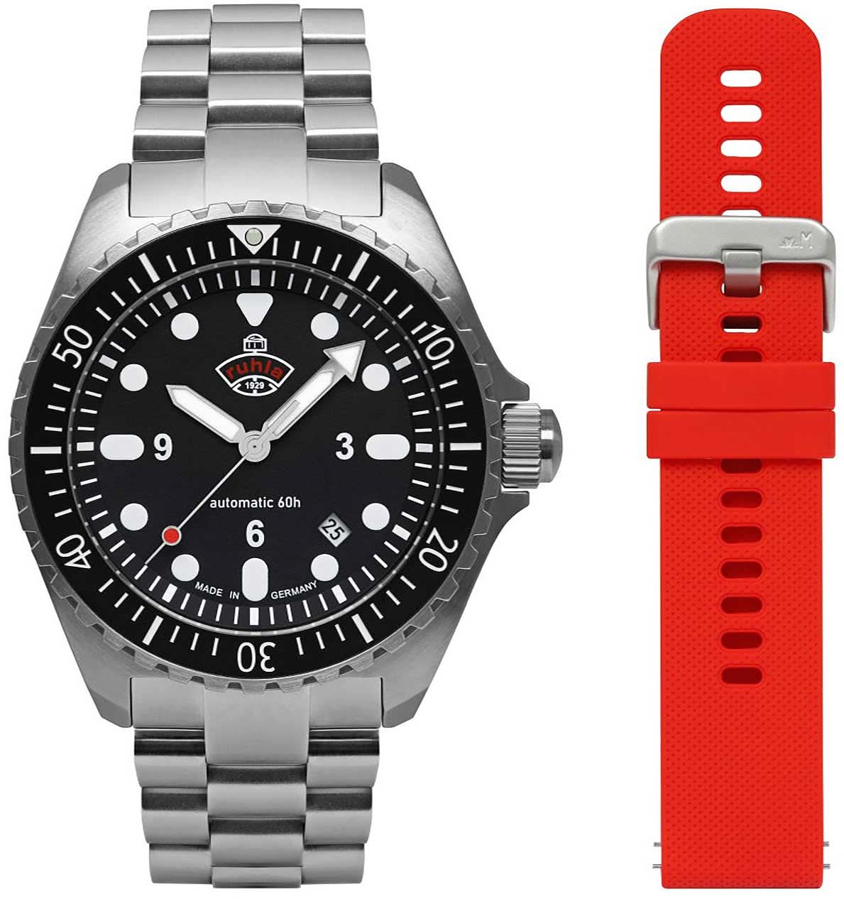 Herrenuhr-Set: schwarze Zifferblatt mit Stahlband, zusätzlich rotes Silikonarmband