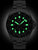 Montre homme avec cadran noir, index luminescents verts et bracelet noir