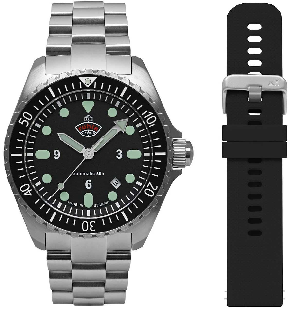 Montre homme avec cadran noir, index luminescents verts et bracelet en acier inoxydable