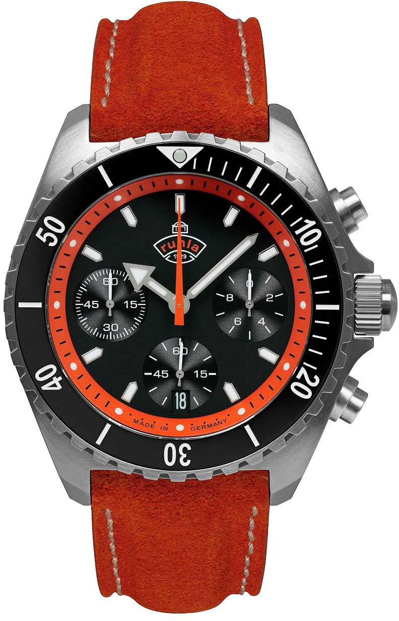 Montre homme avec cadran noir, lunette orange et bracelet en cuir
