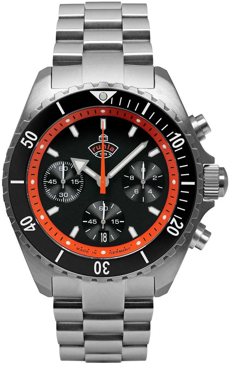 Herrenuhr mit Edelstahlarmband, schwarzem Zifferblatt und orangefarbener Lünette, Chronograph