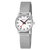 Damenuhr frontal mit silberfarbenem Mesh-Armband, weißem Zifferblatt und Datumsfenster