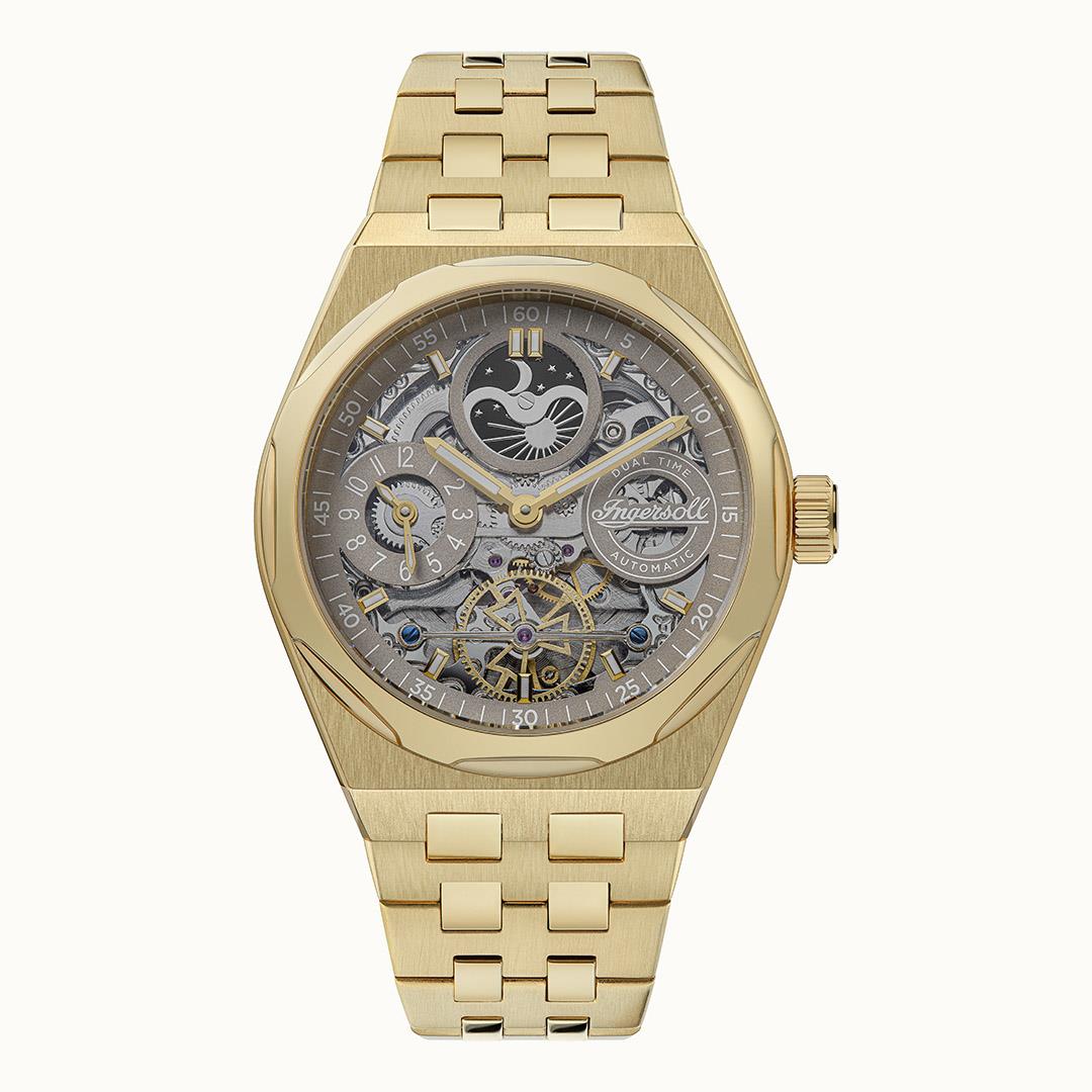 Goldfarbene Herrenarmbanduhr mit Dual-Time Automatik, Sichtboden und Edelstahlarmband