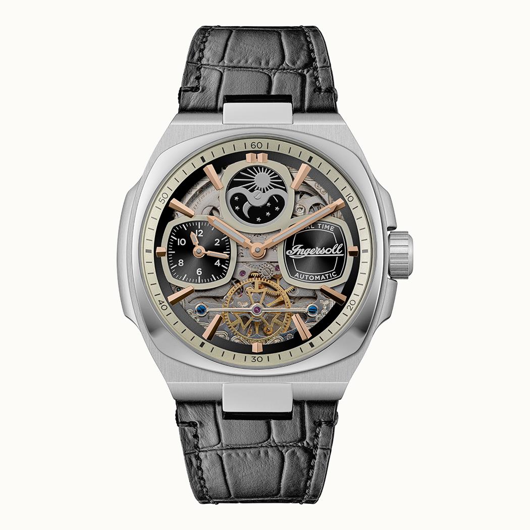 Herrenautomatik-Uhr: schwarzes Krokoprägeband, silbernes Gehäuse, Skelettzifferblatt