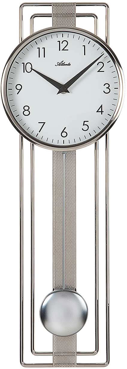 Horloge murale avec boîtier rectangulaire en métal, cadran blanc, aiguilles noires et poids rond