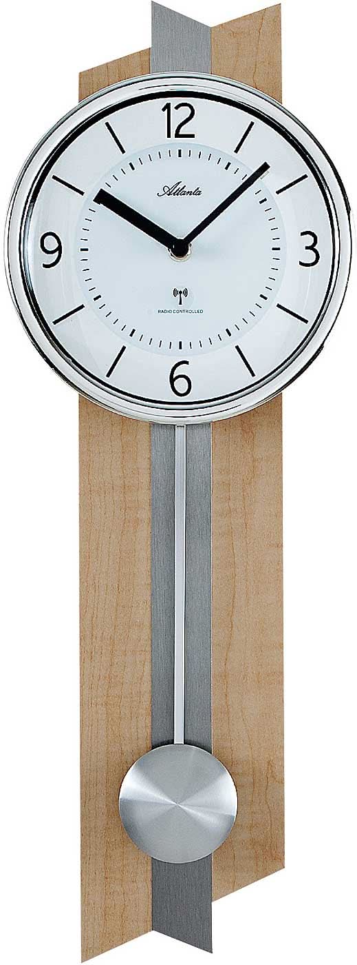 Horloge murale en bois avec cadran rond, chiffres noirs et jeu de balancier en bas.