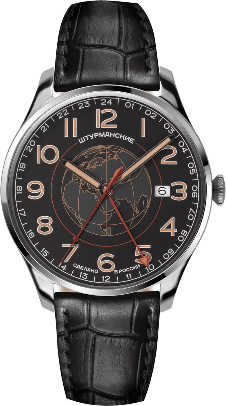 Montre homme avec bracelet en cuir noir et boîtier argenté, cadran sombre