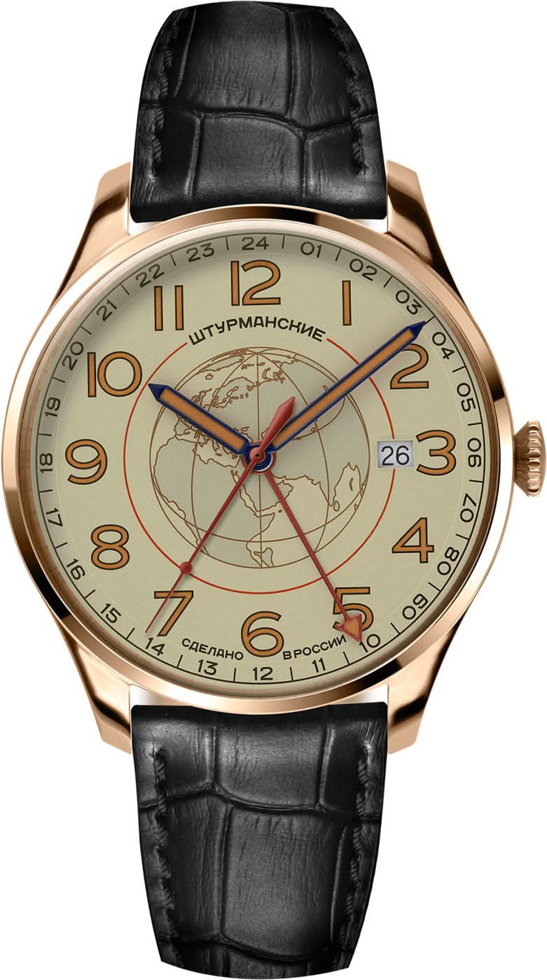 Montre pour homme avec boîtier couleur or rose, bracelet en cuir noir et cadran coloré