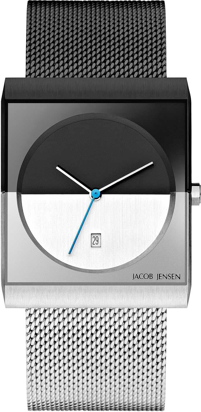 Montre unisexe : cadran noir, boîtier argenté, bracelet en maille d'acier inoxydable