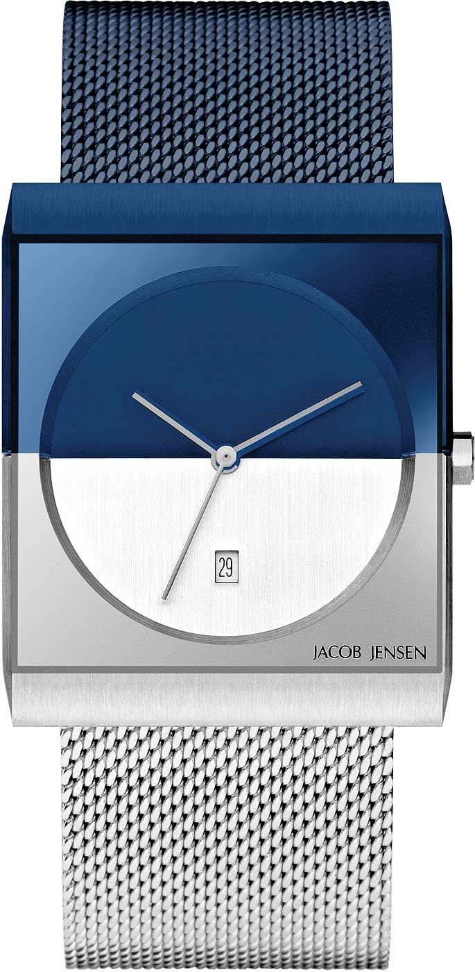 Montre homme avec cadran bleu, boîtier argenté et bracelet en maille d'acier inoxydable, date 29