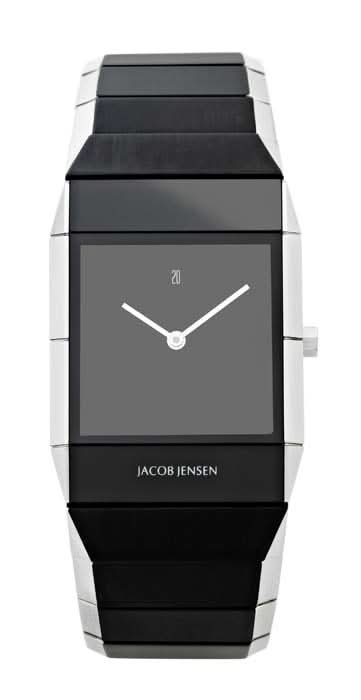 Montre unisexe Jacob Jensen avec boîtier en acier inoxydable, cadran noir et bracelet noir.