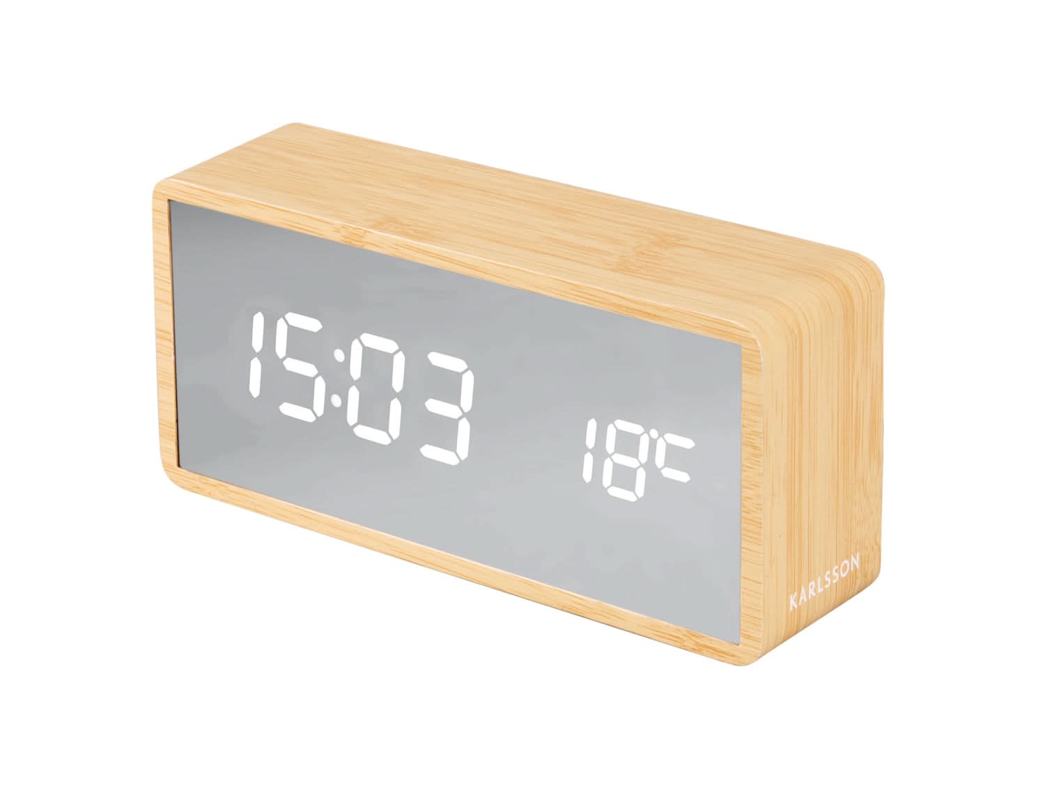 Réveil miroir LED avec boîtier en bois : affichage 15:03, 18°C