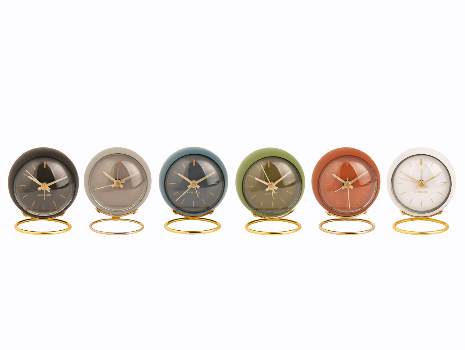 Mini réveil boule avec globe en verre coloré et base dorée, affichage analogique de l'heure