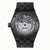 Herrenarmbanduhr mit schwarzer Keramikrückseite und sichtbarem Automatik-Mechanismus
