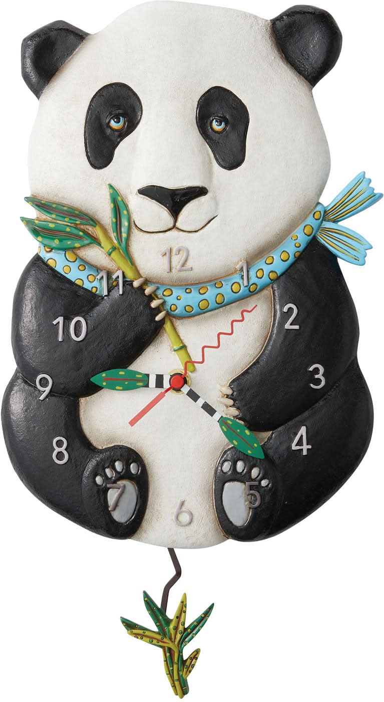 Horloge murale avec motif panda, cadran blanc, cadre noir et affichage rond des chiffres