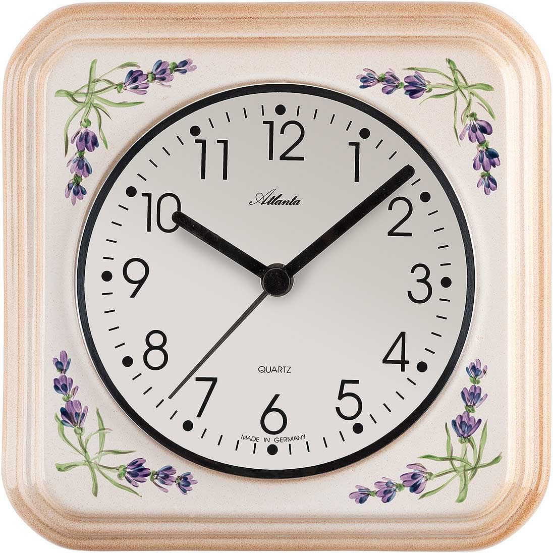 Horloge murale en céramique avec cadran rond et fleurs de lavande sur le bord, aiguilles noires