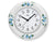 Keramische Wanduhr, rund, weiß mit blauen Blüten; Ziffernblatt und Zeiger.