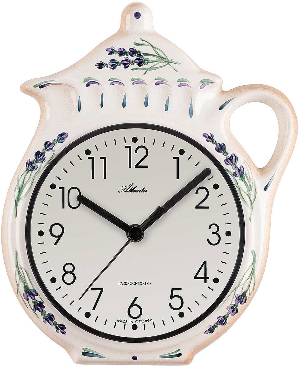 Horloge murale en céramique en forme de théière, blanc avec fleurs bleues, cadran noir, anse