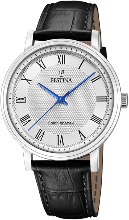 Festina Solar-Herrenuhr mit silbernem Zifferblatt, römischen Ziffern und schwarzem Lederarmband