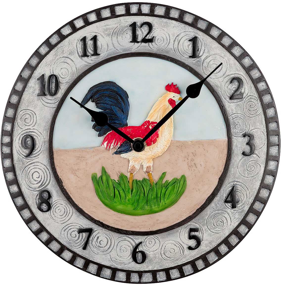 Horloge murale ronde Ø 29 cm : cadran argenté, chiffres romains, figurine de coq