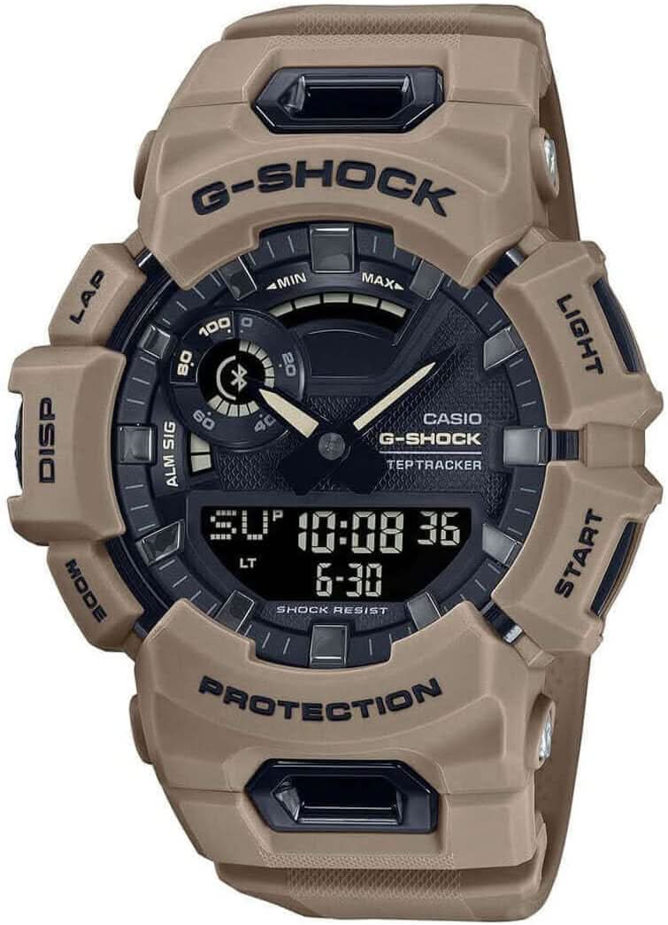 Montre G-Shock pour homme avec bracelet sable et écran numérique rond, disposition tracker