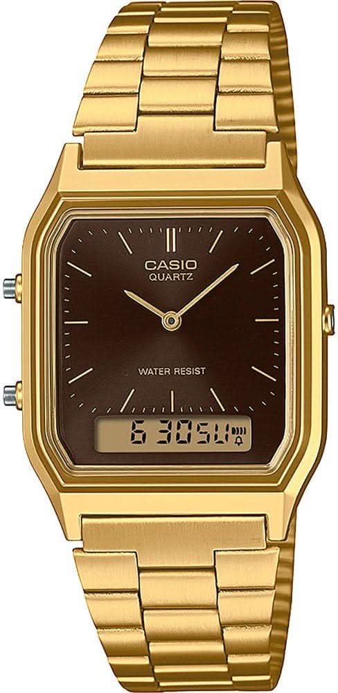 Montre rétro dorée avec bracelet en métal, cadran noir et affichage numérique