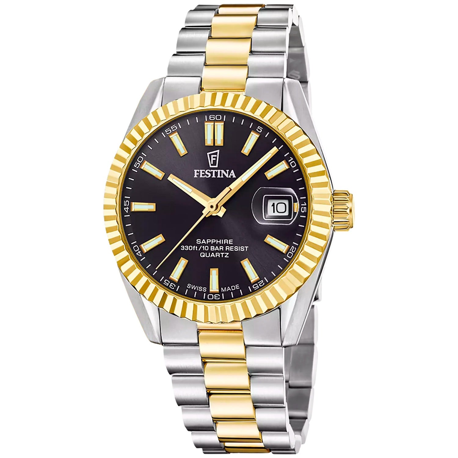 Festina Herrenuhr: dunkelblaues Zifferblatt, goldene Marker, Edelstahlarmband gold-silber