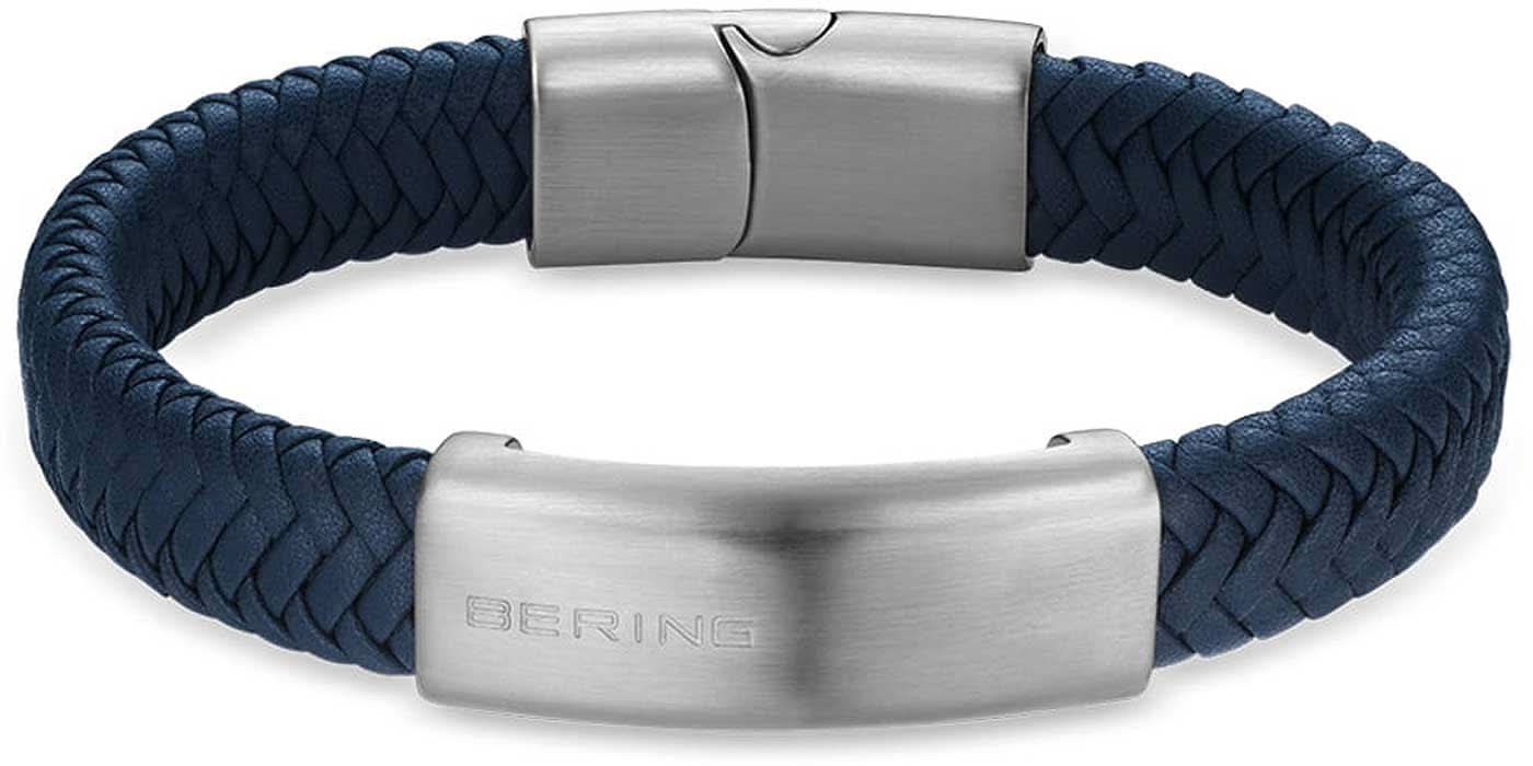 Bracelet en cuir tressé, bleu foncé, avec fermoir argenté et gravure Bering