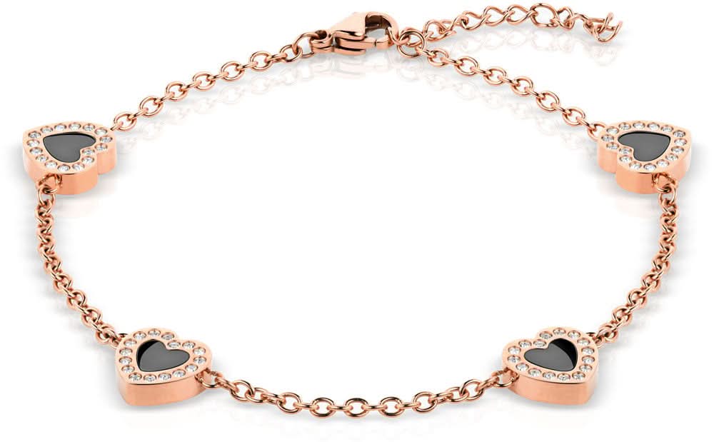 Bracelet rosé avec breloques en forme de cœur et insert noir