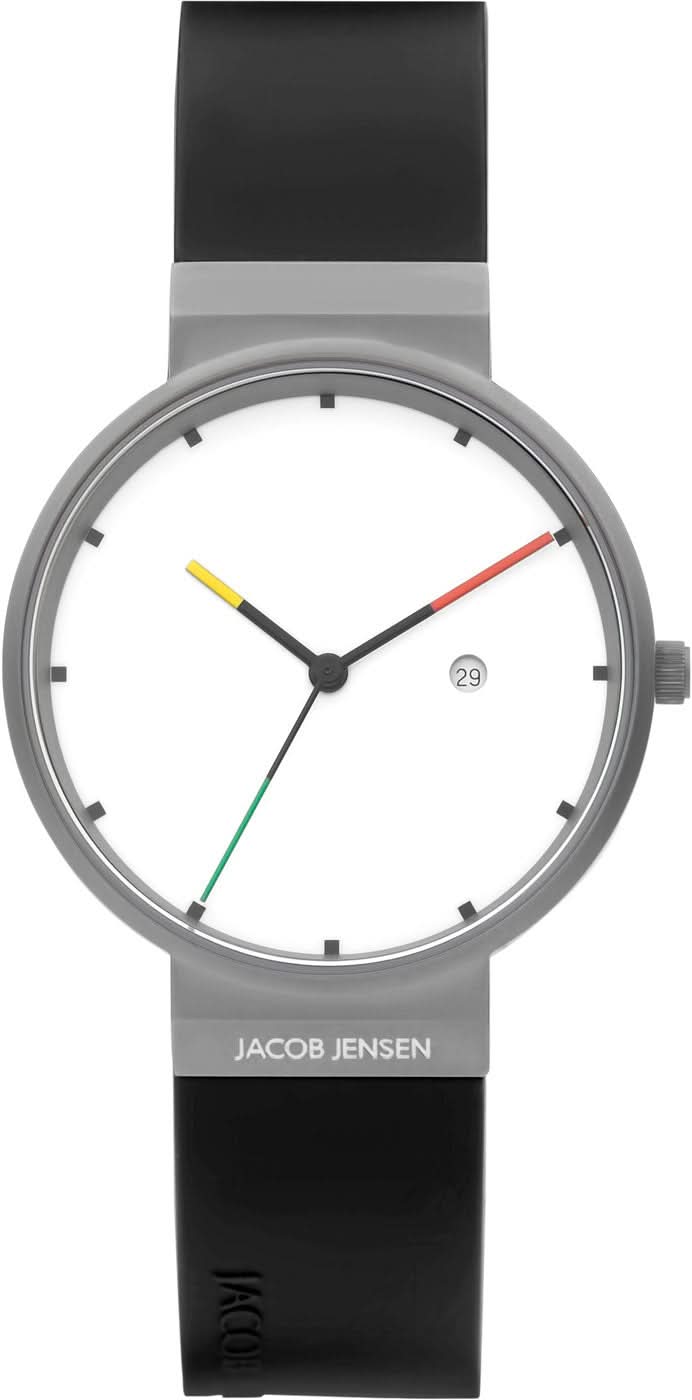 Montre unisexe Jacob Jensen en titane avec cadran blanc, aiguilles colorées et bracelet noir