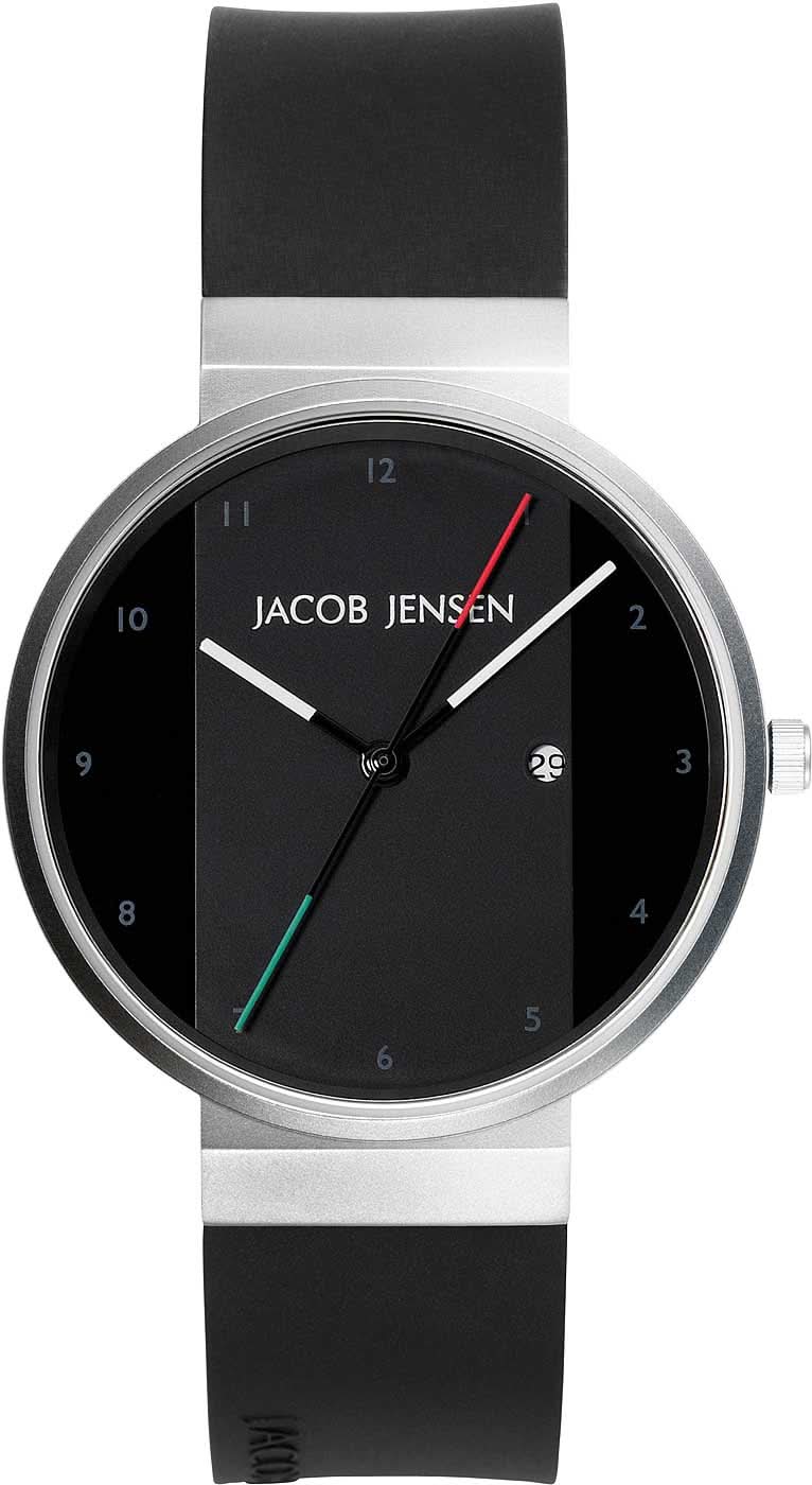 Bracelet de montre Jacob Jensen pour homme : cadran noir, boîtier en titane, bracelet en silicone noir