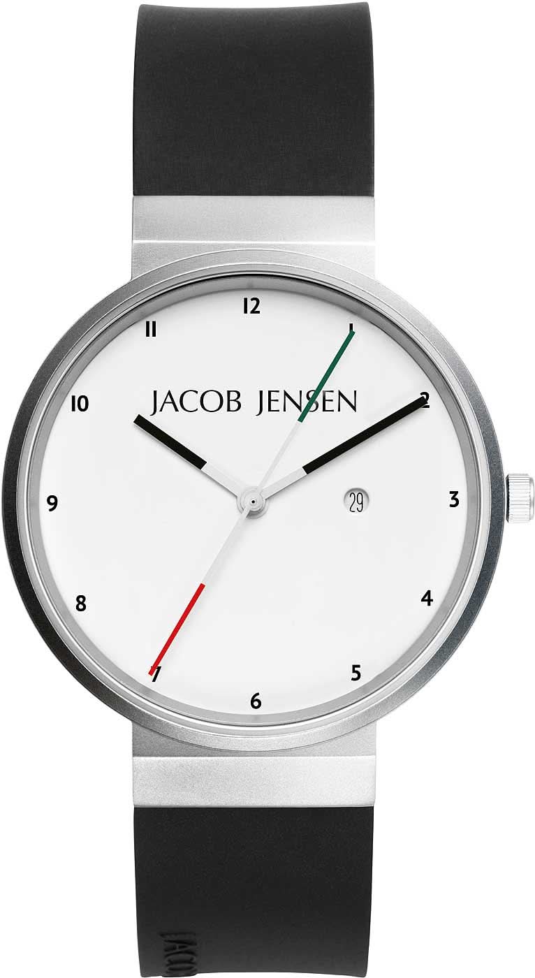 Montre Jacob Jensen pour homme avec cadran blanc, aiguilles noires et bracelet en caoutchouc noir