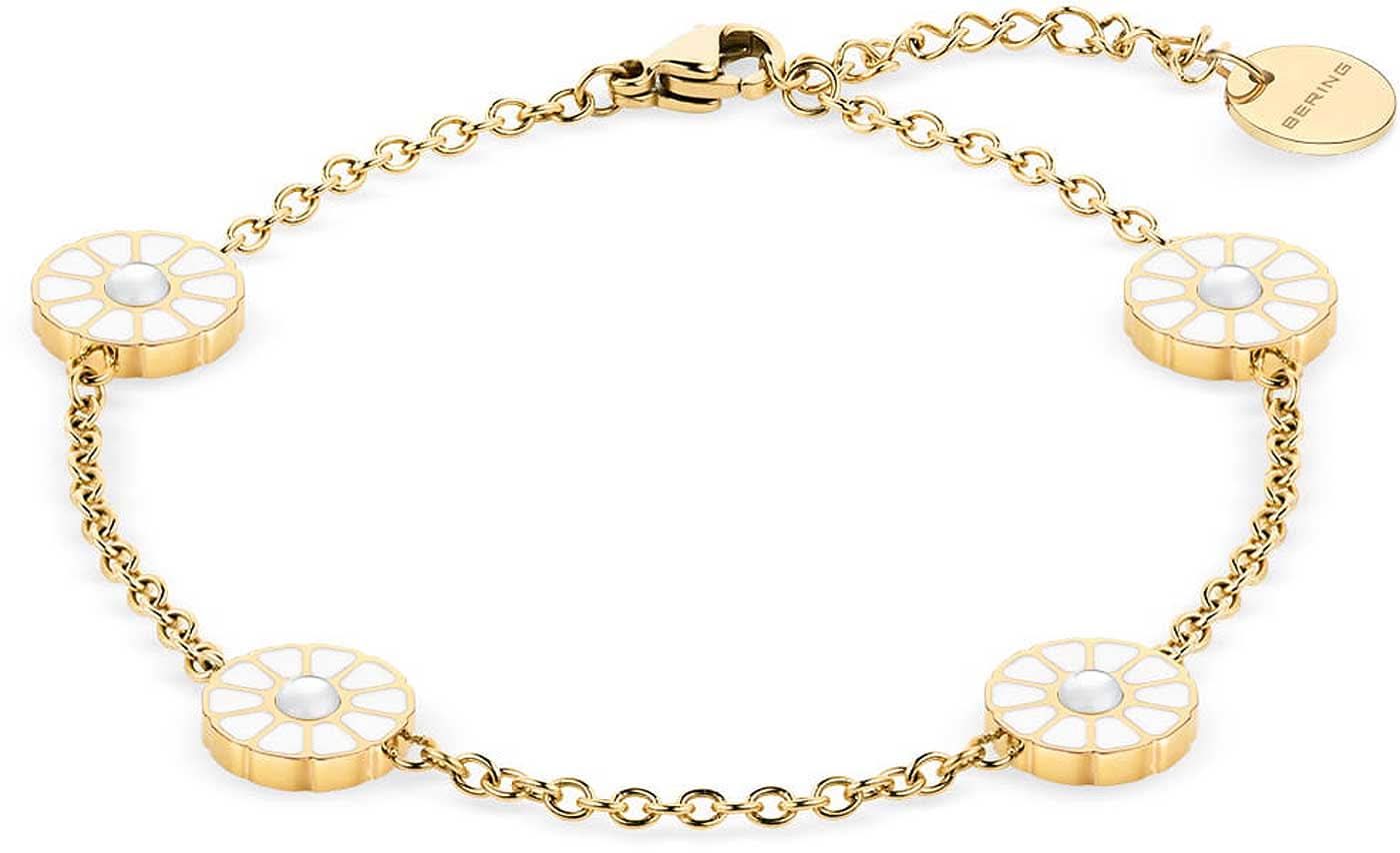 Armband mit goldfarbenen Kettengliedern und runden Anhängern mit hellen Details