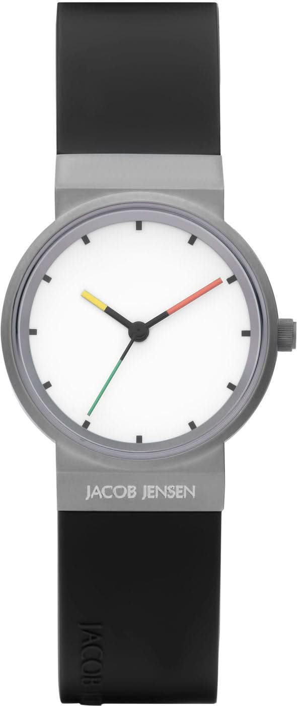 Montre Jacob Jensen pour femme avec cadran blanc, aiguilles colorées et bracelet en titane noir
