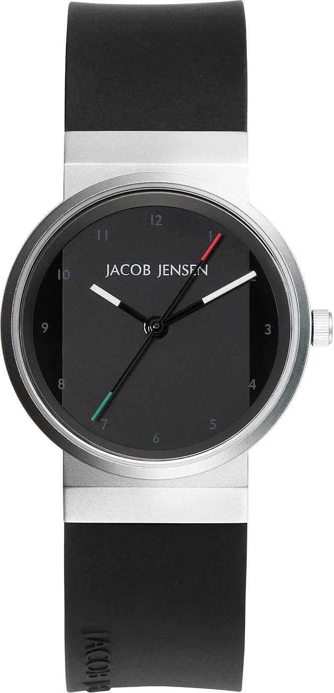 Montre femme avec cadran noir, boîtier argenté et bracelet en cuir noir, JACOB JENSEN