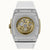 Herrenarmbanduhr Rückseite mit goldenem Rotor und silbernem Edelstahlgehäuse
